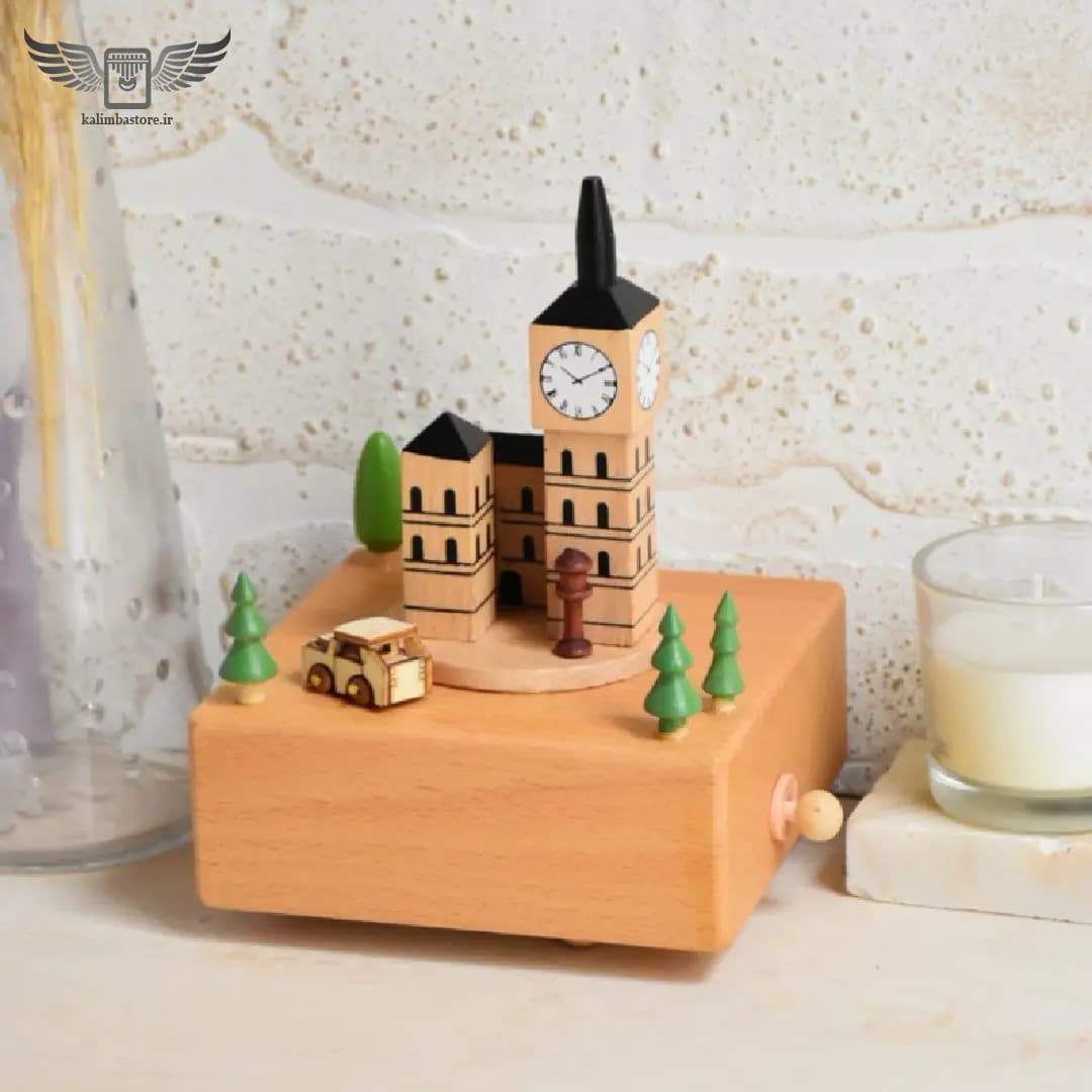 موزیک باکس چوبی مدل برج ساعت