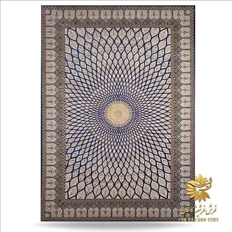 فرش 1500 شانه طرح شمسه ابریشمی زمینه سرمه ای