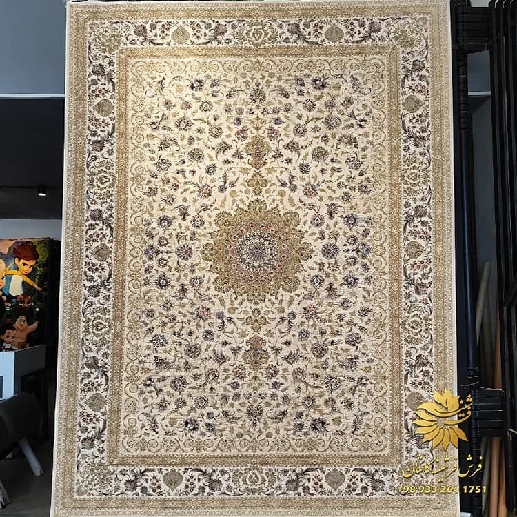 فرش ماشینی کرم رنگ 1500 شانه طرح دستباف کد 7550 — تصویر ۶