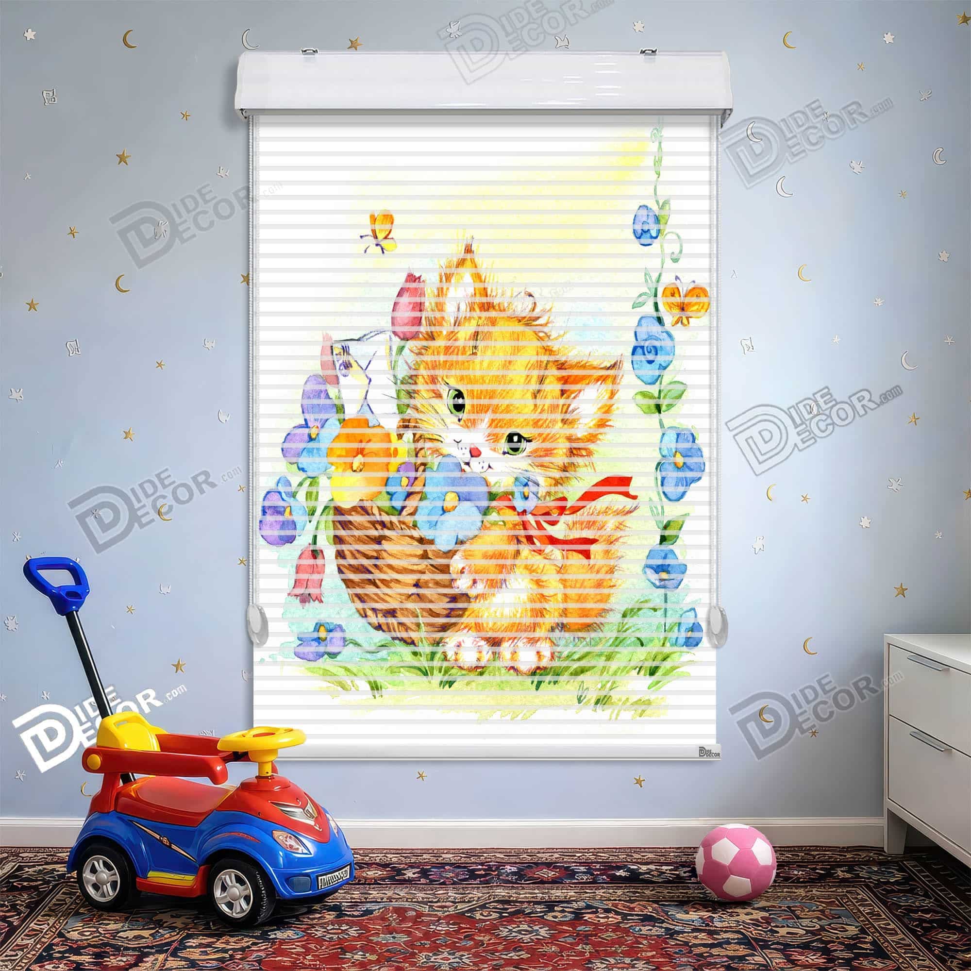 پرده زبرا دومکانیزم طرح کودک گربه سبد گل کد KD-57