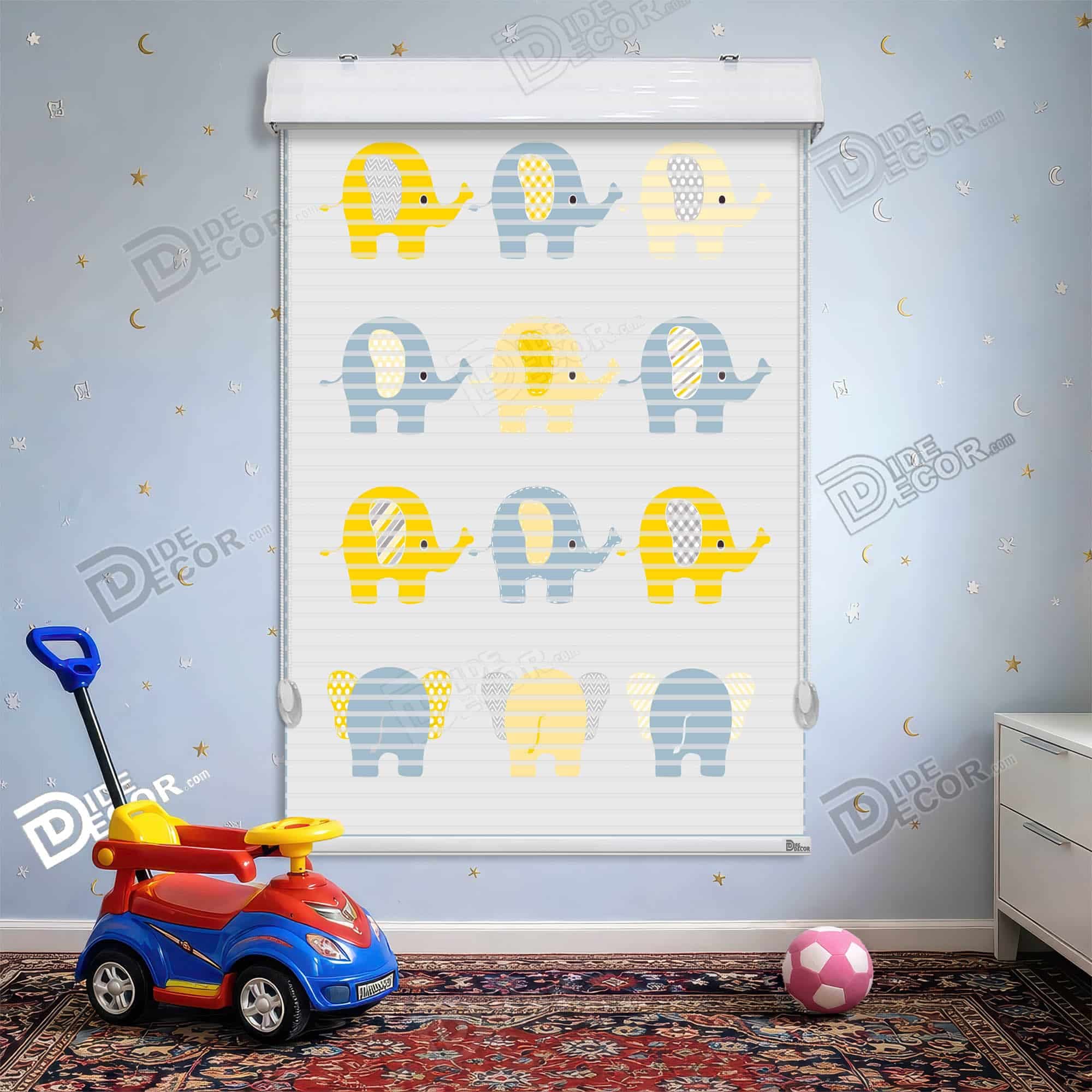 پرده زبرا دومکانیزم طرح کودک فیل زرد آبی کد KD-17