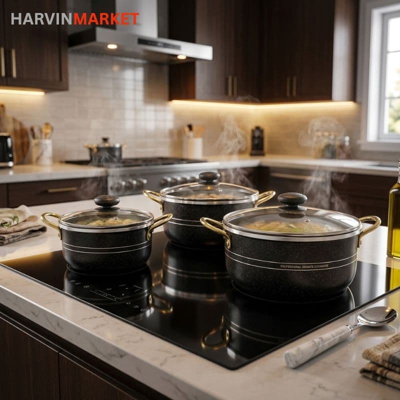 ست قابلمه نچسب 7 پارچه مشکی مات Non-Stick Cookware Set مدل 2201-SB طراحی ایتالیا طرح لانه زنبوری — تصویر ۳