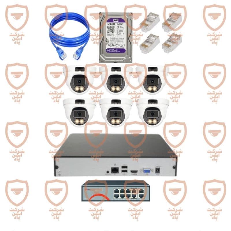 پکیج کامل دوربین مداربسته 6 عددی 5 مگاپیکسل تحت شبکه 4K – IP- POE دید شب رنگی دارای میکروفون داخلی پیشرفته پلاک خوان تشخیص چهره سری IPD-5042WLA-POE-100-imenpad5042wla
