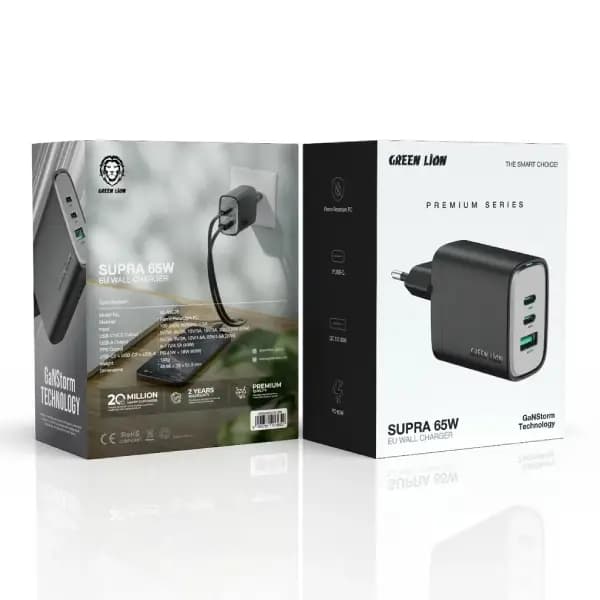 شارژر دیواری 65 وات گرین لاین مدل Green Lion Supra 65W EU GaN Wall Charger — تصویر ۳