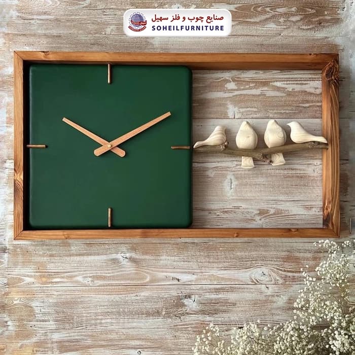 ساعت دیواری چوبی پرنده دار 70در40 افقی مربع سهیل — تصویر ۳