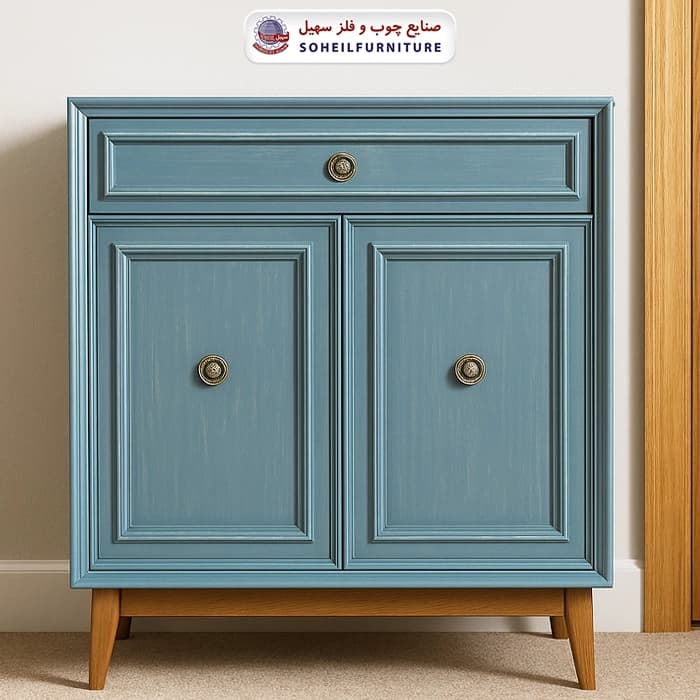 جاکفشی چوب و MDF کشو دار مدل 137 سهیل (جاکفشی آبی گردویی روکش طبیعی چوب بلوط)