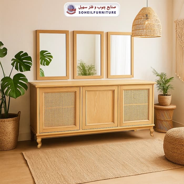 آینه کنسول حصیری چوبی مدرن مدل 142جدید سهیل(روکش طبیعی چوب بلوط)