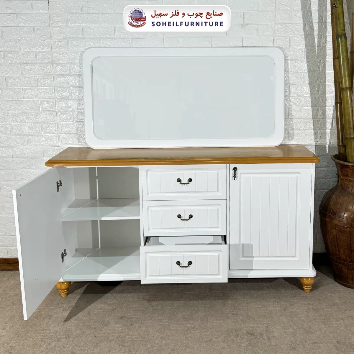 آینه کنسول چوبی کشودار مدرن مدل 140 سهیل(روکش طبیعی چوب بلوط) — تصویر ۴