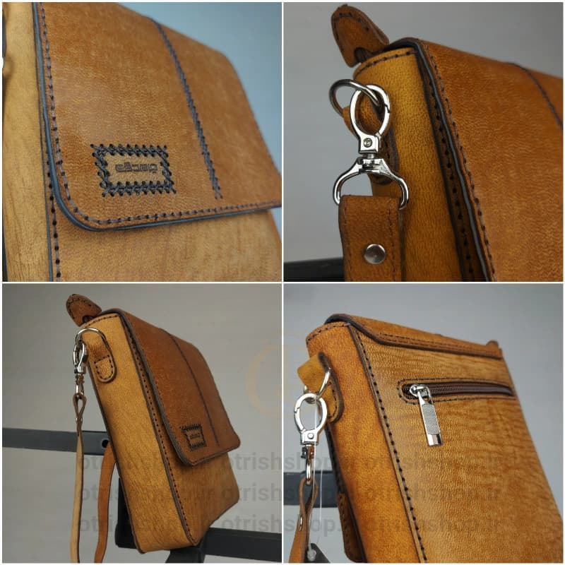 کیف دوشی چرم رودوخت (چرم طبیعی شتر، بند قابل تنظیم، مناسب دانشگاه و روزمره) — تصویر ۴