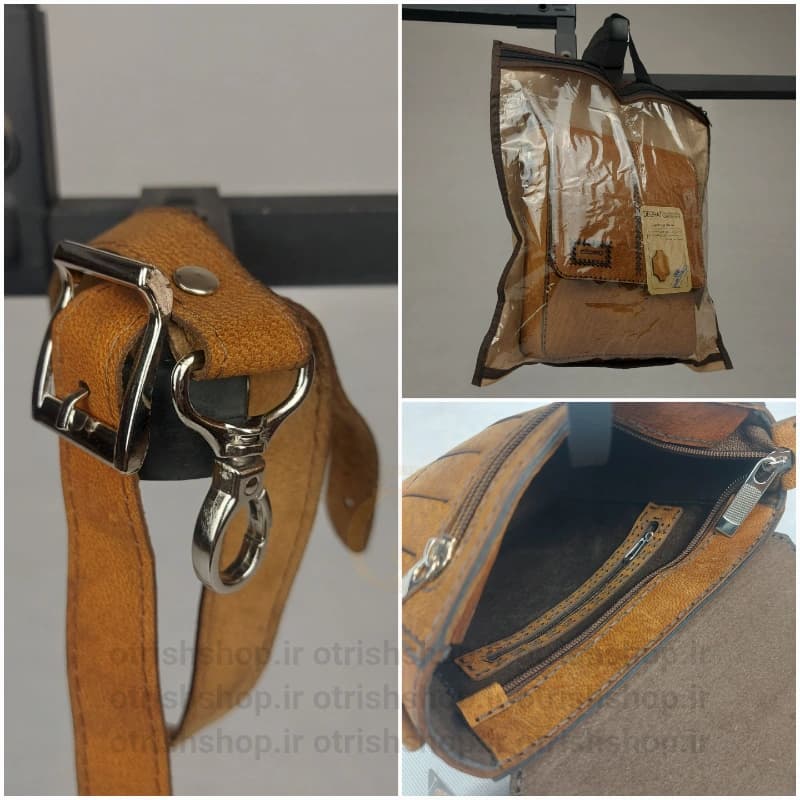 کیف دوشی چرم رودوخت (چرم طبیعی شتر، بند قابل تنظیم، مناسب دانشگاه و روزمره) — تصویر ۳