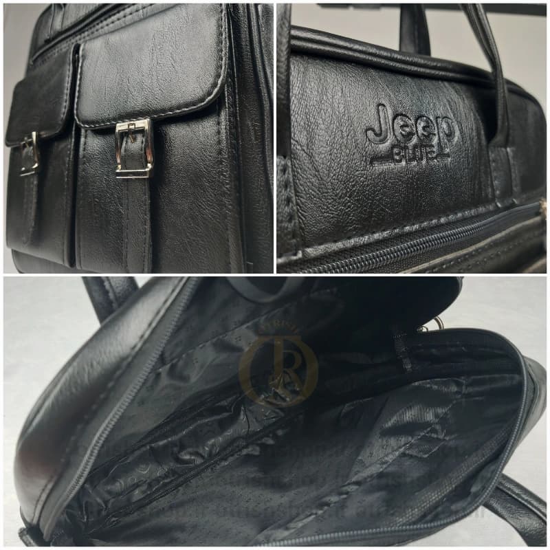 کیف نیمه اداری سه کاره چرمی (چرم صنعتی لئو، بند قابل تبدیل، جیبهای سگکی شیک) — تصویر ۳
