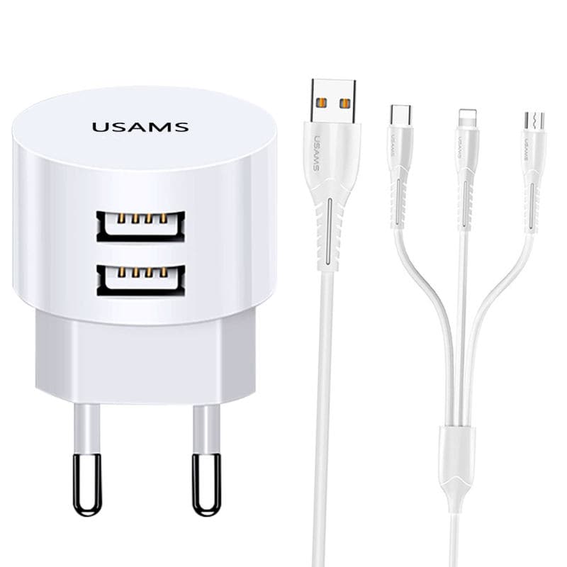 سری شارژر دو پورت یوسمز مدل USM به همراه کابل تبدیل یو اس بی / لایتنینگ/ میکرو