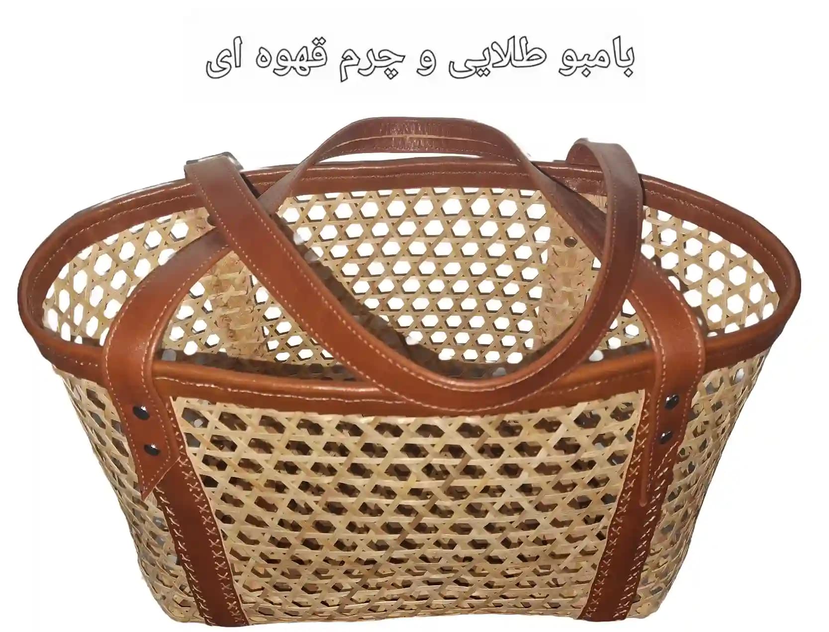 ساک خرید حصیری بامبو کوچک ترکیب با چرم طبیعی کد ۱۰7 — تصویر ۷