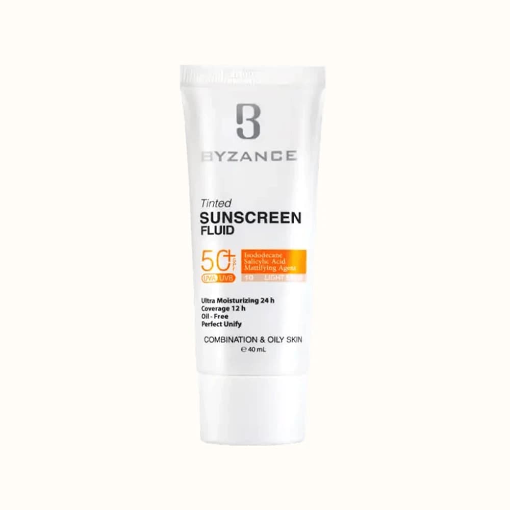 فلوئید ضد آفتاب رنگی SPF 50 بیزانس مدل لایت بژ مناسب پوست های چرب
