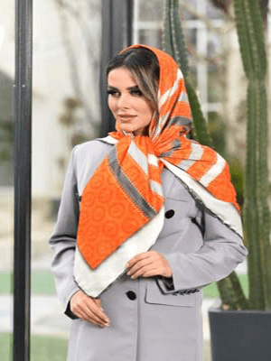 روسری نخی سایز ۱۲۰ نارنجی با علامت V با نوار های طرح دوخت کد SC25