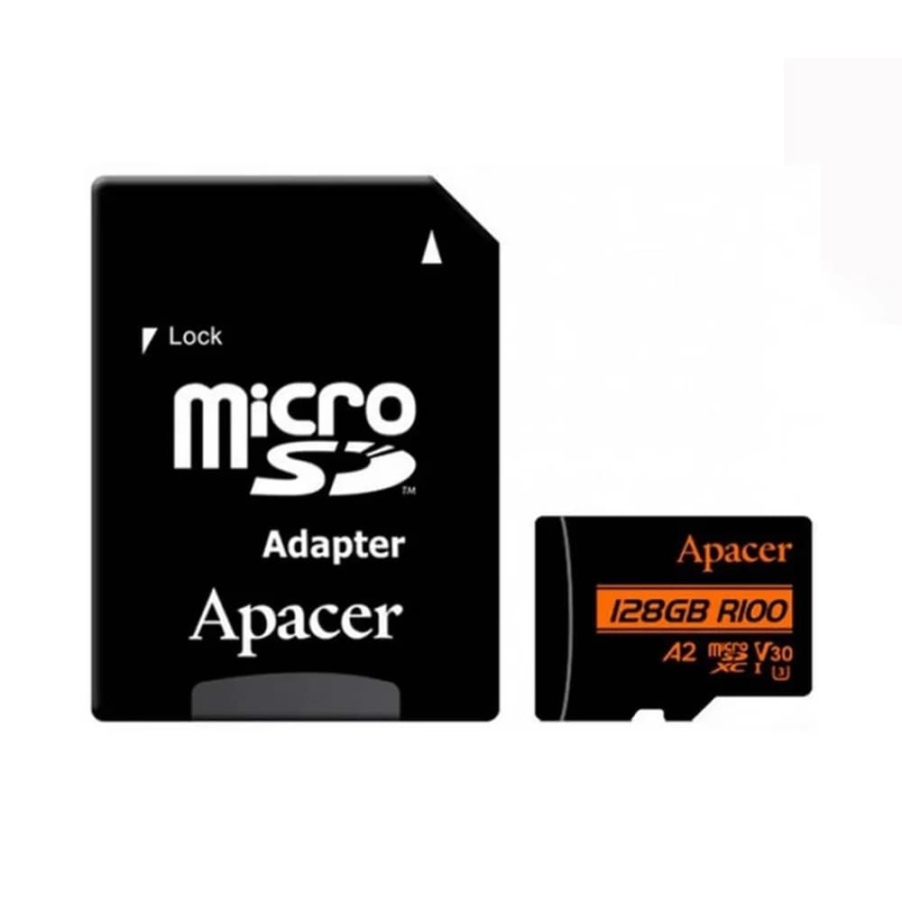 کارت حافظه میکرو اس دی 128 گیگابایت اپیسر مدل Apacer MicroSD XC CL10 U3 UHS l V30 A2 W/1 100/80 به همراه آداپتور با گارانتی 60 ماهه شرکتی