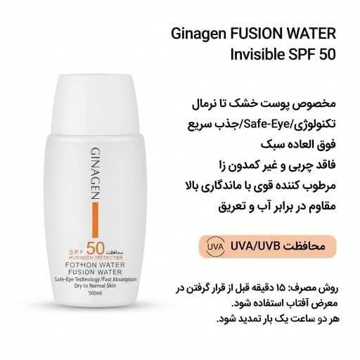 کرم ضد آفتاب فیوژن واتر ژیناژن (Ginagen) باقدرت بالا مخصوص پوست خشک تا نرمال — تصویر ۴