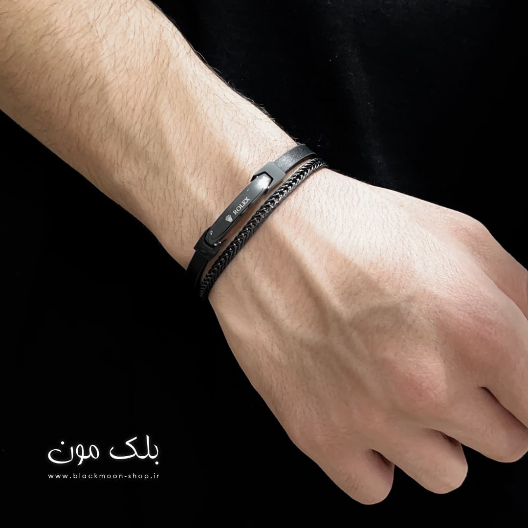 دستبند مردانه چرم دولاین رولکس مشکی — تصویر ۳