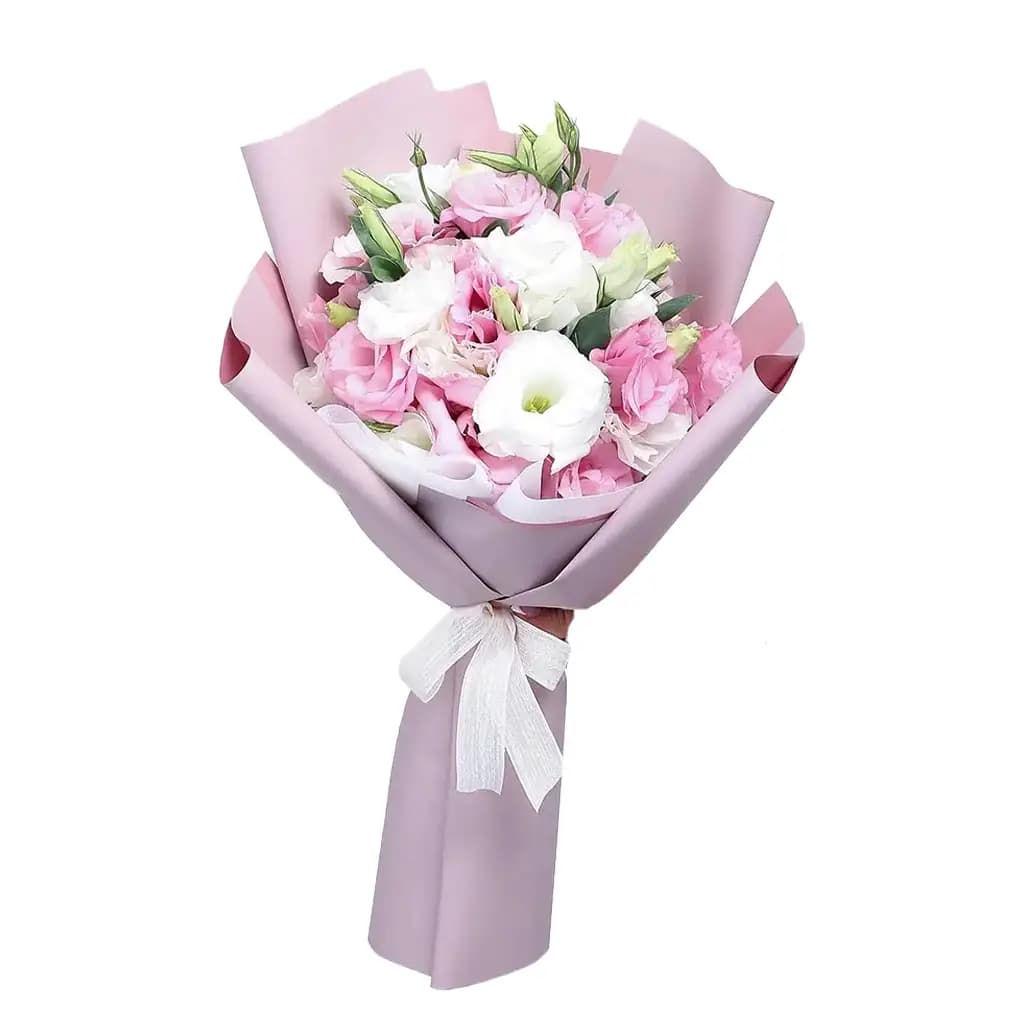 دستهگل صورتی و سفید لیسیانتوس Blush Whisper Bouquet No.7 | پلتفرم سبز | هایپرمارکت گل و گیاه | گل فروشی دل