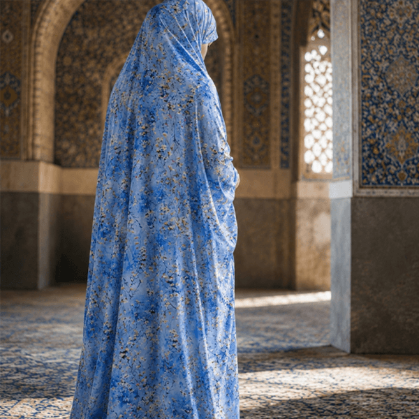 چادر نماز آستیندار گلدار کدری آبی قد ۱۷۰ جانماز استور