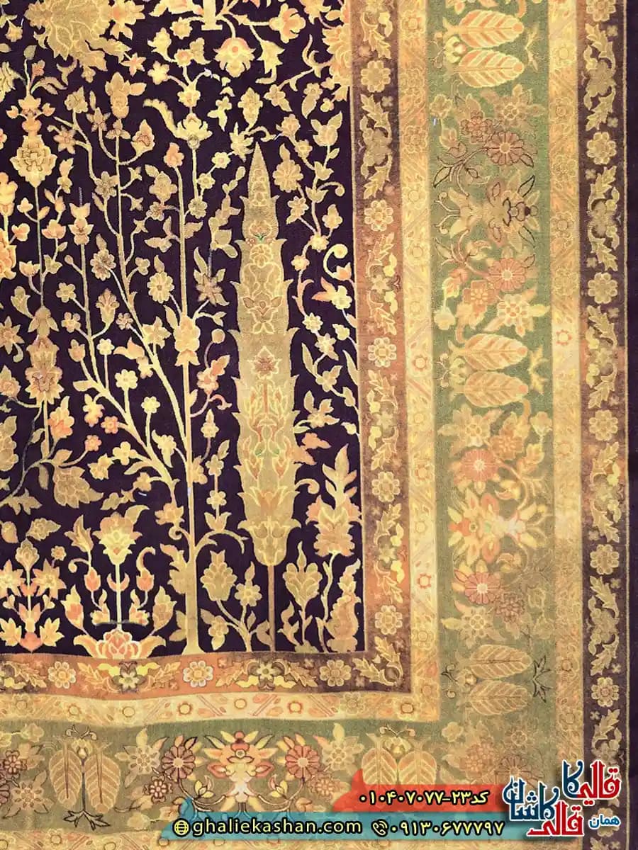 فرش 700 شانه طرح افشان سرو رنگ مشکی سرمه ای کاشان — تصویر ۴