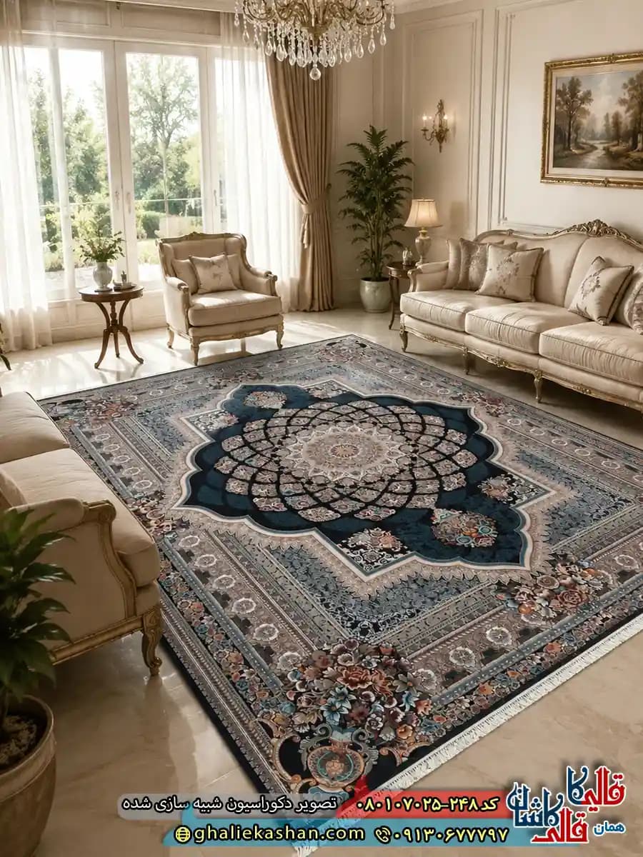 فرش کلاسیک 700 شانه طرح لوکس رنگ سرمه ای کاشان
