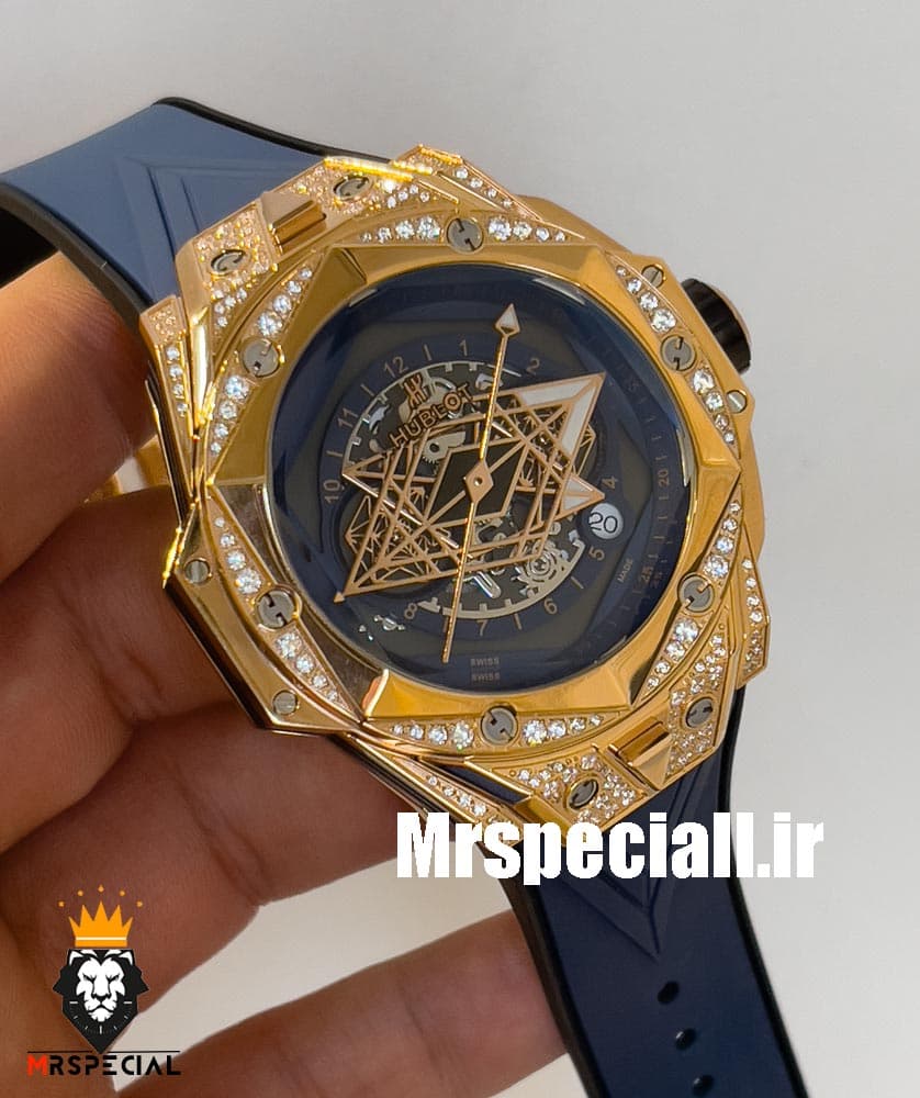 ساعت مچی مردانه هابلوت کهکشانی رزگلد فول نگین ابی 020546 Hublot Sang Bleu ll Diamonds — تصویر ۶