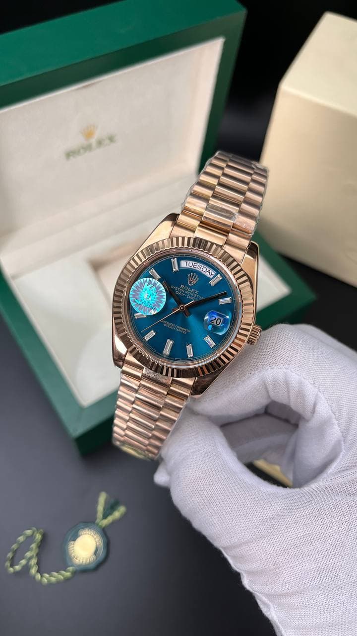 ساعت مچی مردانه رولکس دی دیت ROLEX DAY DATE رنگ آبی بند رزگلد
