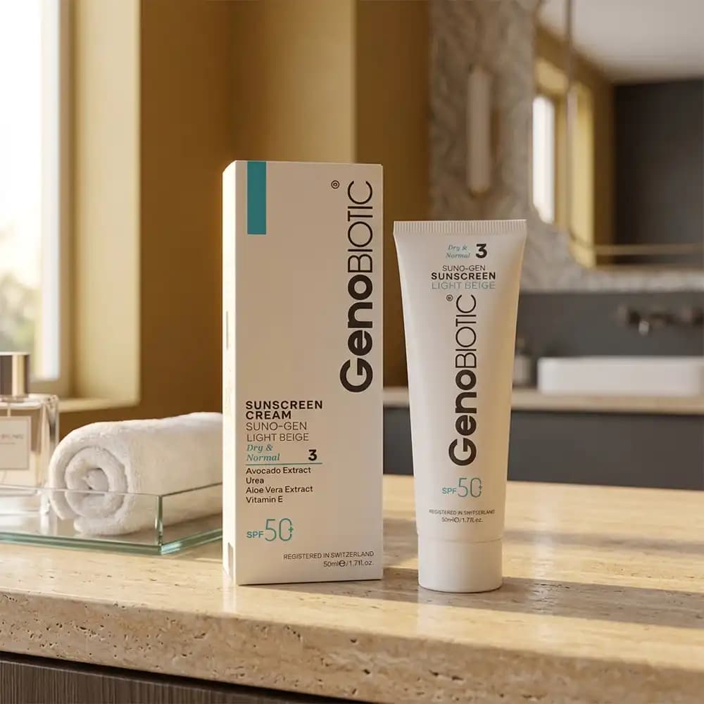 کرم ضدآفتاب SPF50 رنگی ژنوبایوتیک (GenoBiotic) رنگ بژ روشن کد ۳ – مناسب پوست خشک و نرمال حجم 50 میلی لیتری — تصویر ۲