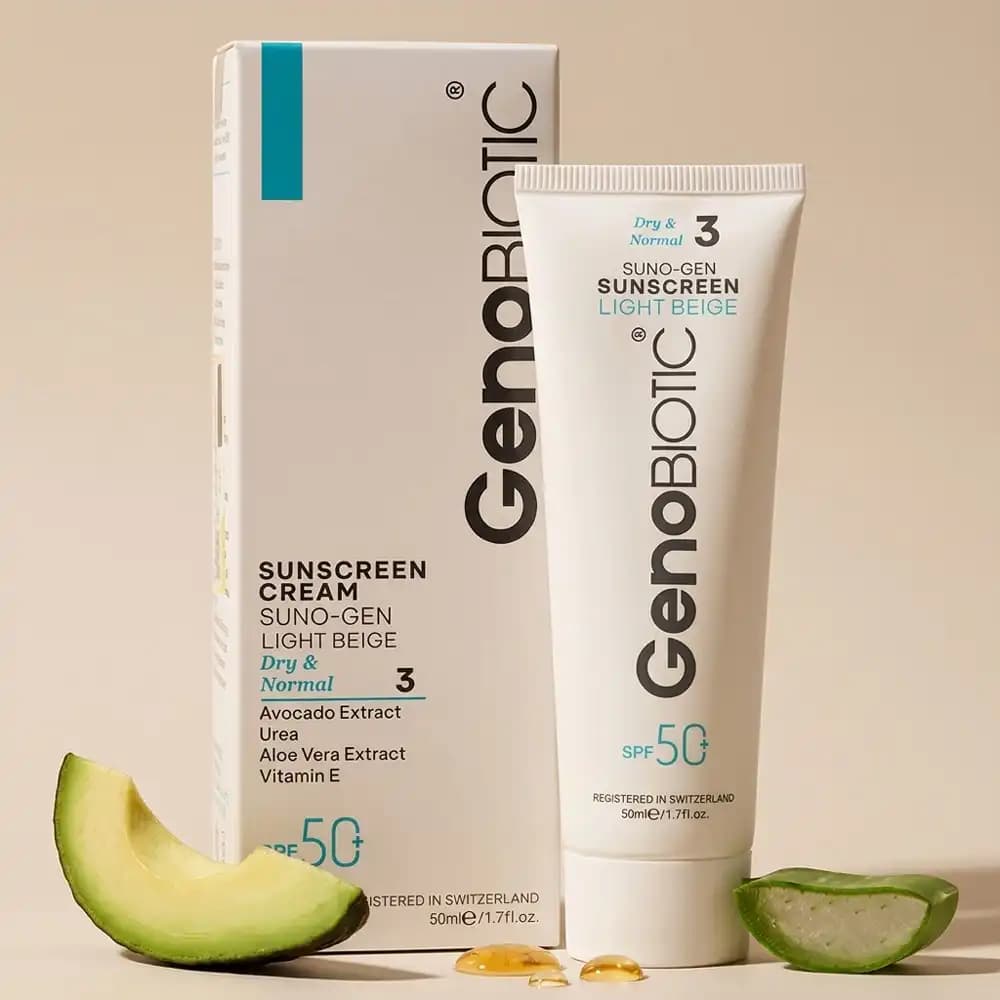 کرم ضدآفتاب SPF50 رنگی ژنوبایوتیک (GenoBiotic) رنگ بژ روشن کد ۳ – مناسب پوست خشک و نرمال حجم 50 میلی لیتری — تصویر ۴