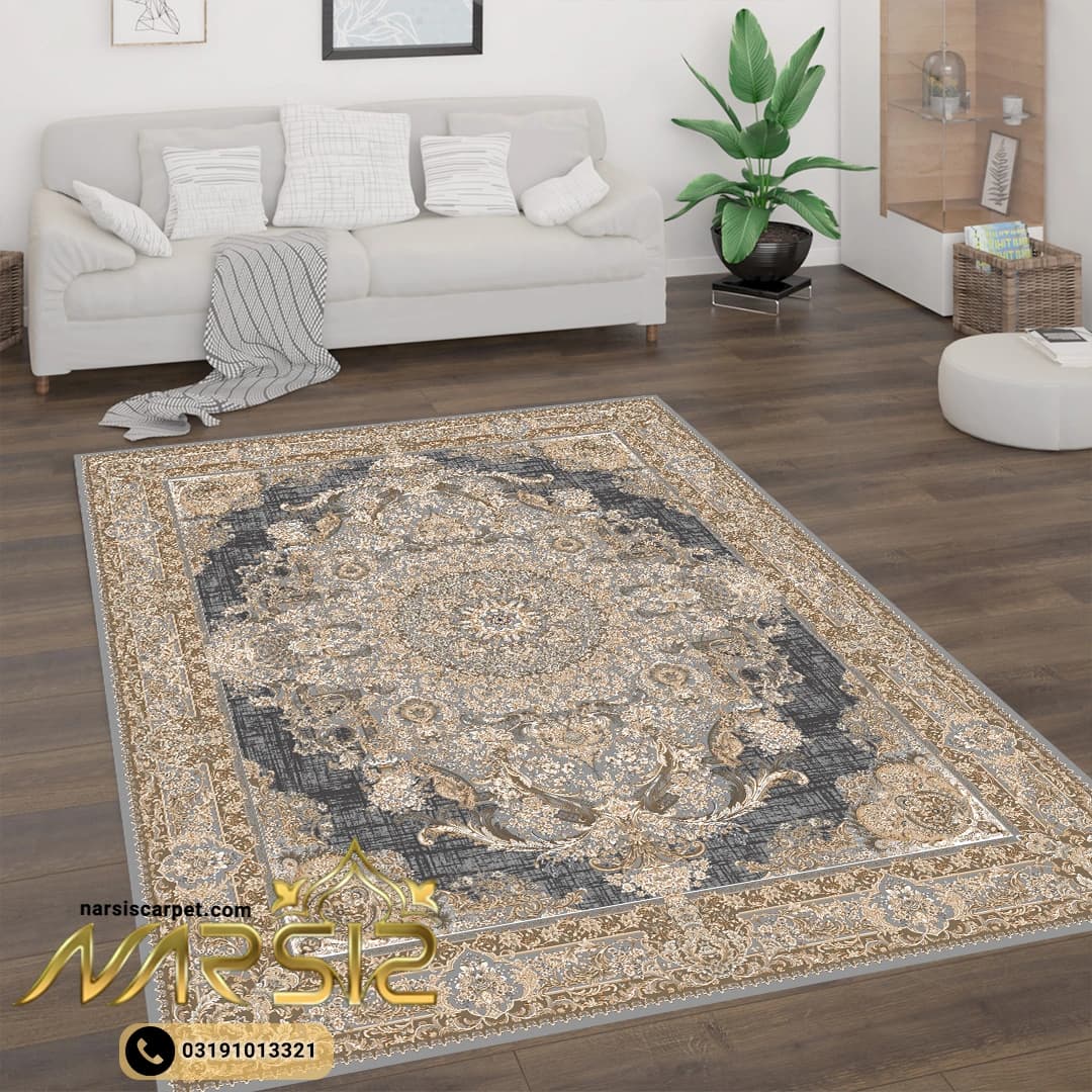 فرشینه فرش طرح حلما رنگ طوسی کد 9080 — تصویر ۲