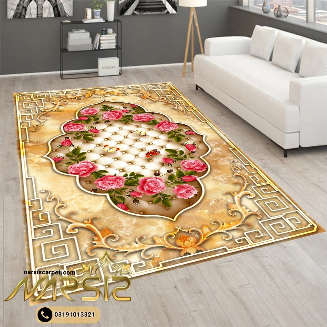 فرشینه اتاق خواب طرح گل های صورتی با زمینه طلایی کد 8053 — تصویر ۲