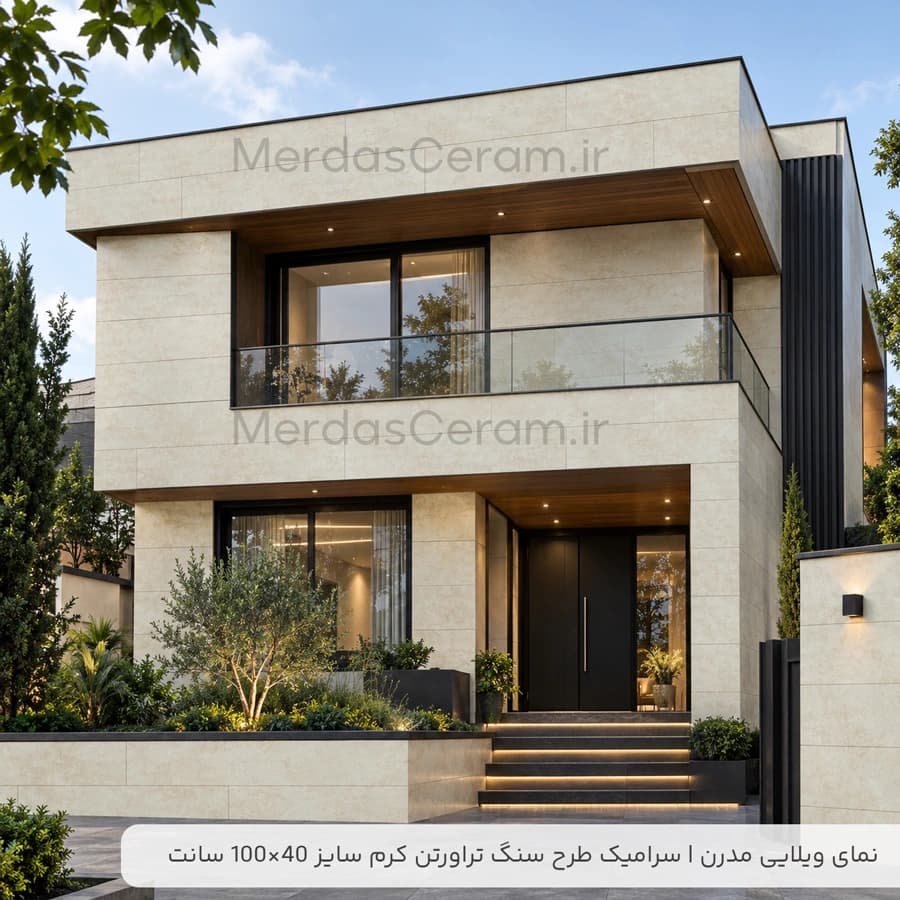 لورن – سرامیک نما طرح سنگ تراورتن کرم سایز 40*100 — تصویر ۲