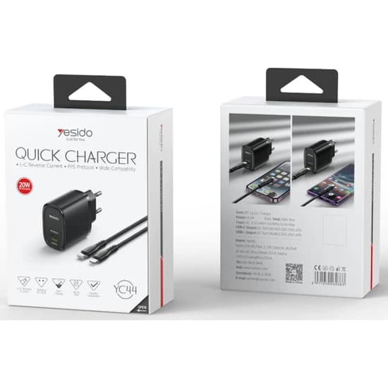 شارژر دیواری فست شارژ یسیدو YC44 +کابل TypeC/Lightning — تصویر ۲