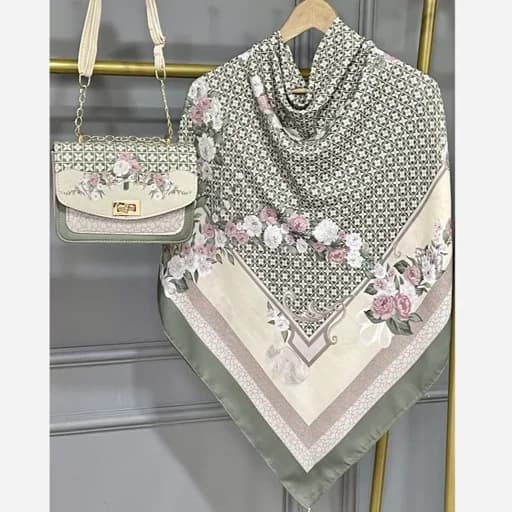 ست کیف و روسری (شال) طرح ال وی ماکان سبز روسری نخی قواره 130