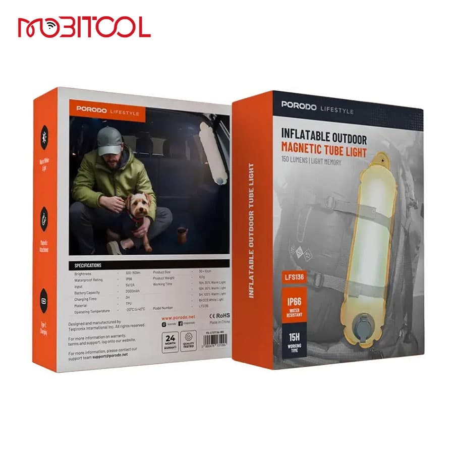 چراغ بادی ضد آب مگنتی پرودو Porodo Lifestyle Inflatable Outdoor Magnetic Tube Light PD-LFST136-WH — تصویر ۶
