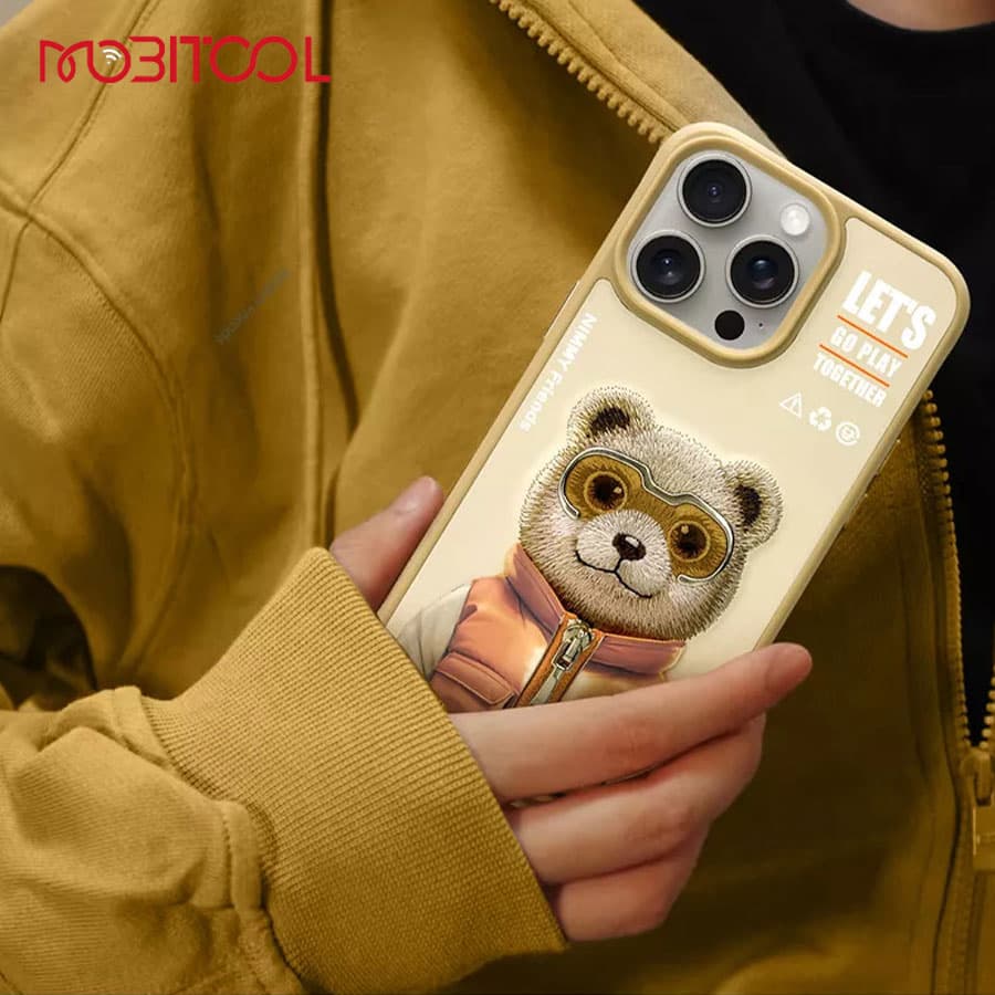 قاب گوشی آیفون 16 پرو مکس طرح خرس با عینک و زیپ واقعی نیمی Nimmy Cool Cute Brown Bear iPhone 16 Pro Max — تصویر ۸
