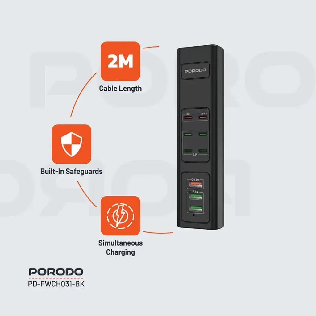 هاب شارژر USB چند پورت Porodo مدل FWCH031 توان ۸۵ وات — تصویر ۲