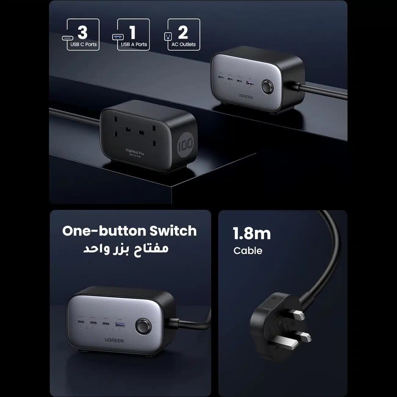چند راهی برق یوگرین Ugreen مدل CD270-60168 با 2 سوکت و 4 پورت — تصویر ۵