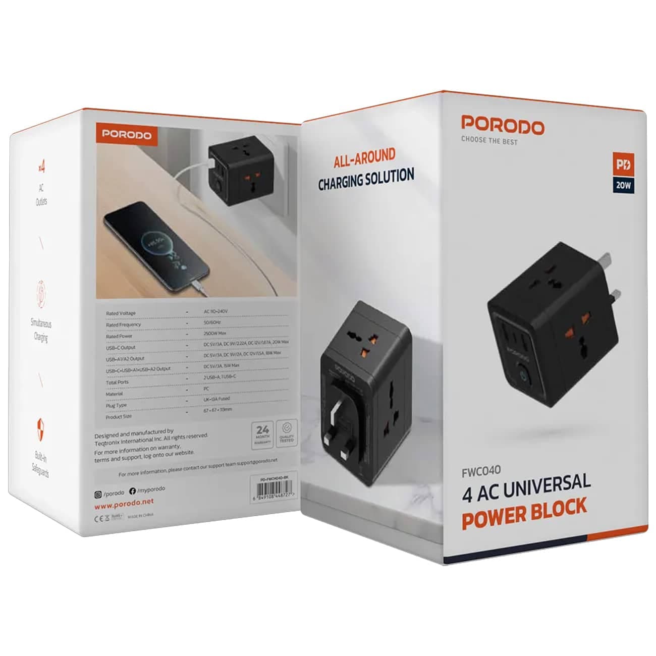 چند راهی برق دیواری پورودو Porodo مدل PD-FWCH040 با 4 سوکت و 3 پورت — تصویر ۴