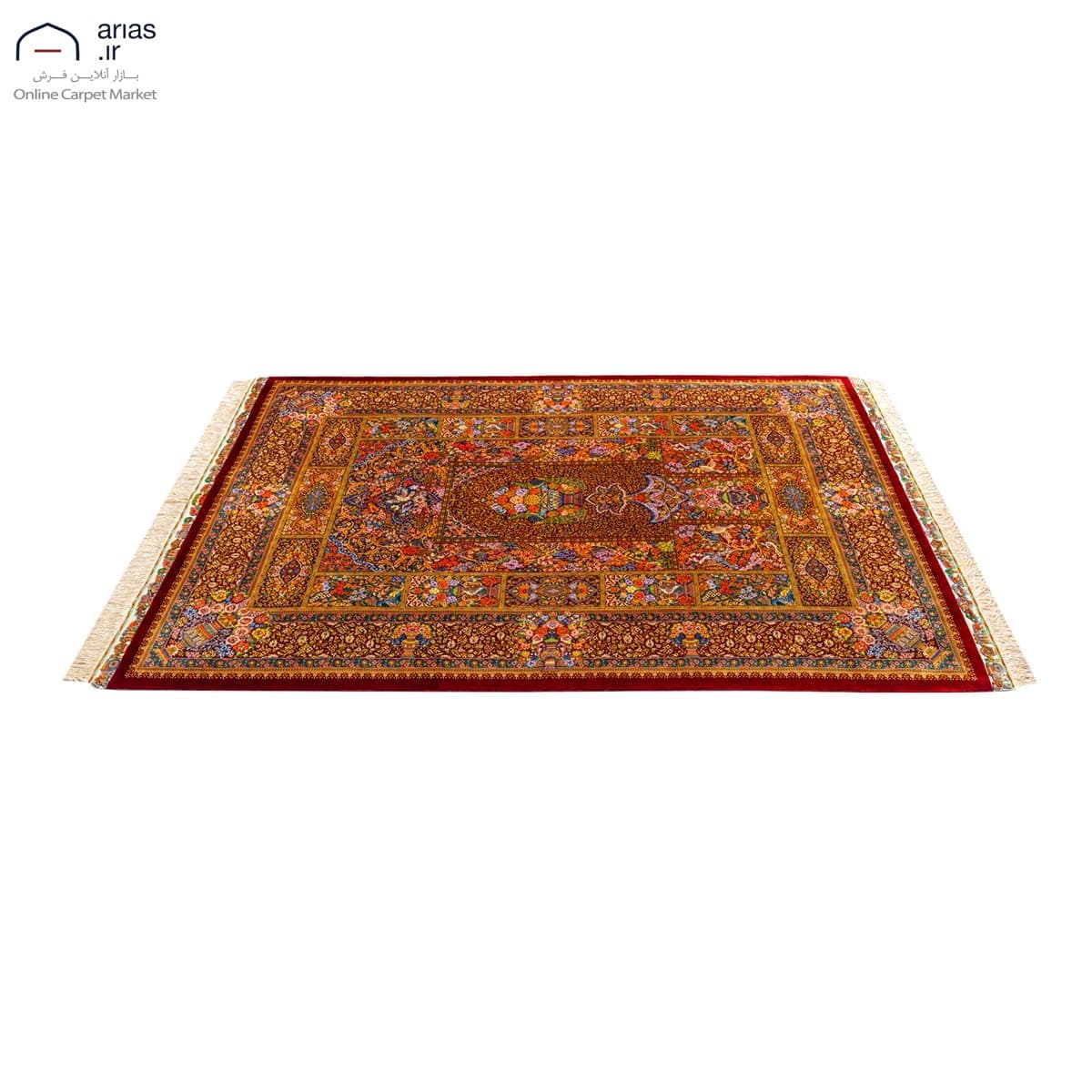 فرش دستباف سه متری تمام ابریشم نقشه طاووس زمینه شرابی مارک عربلو بافت قم کد D03025G — تصویر ۴