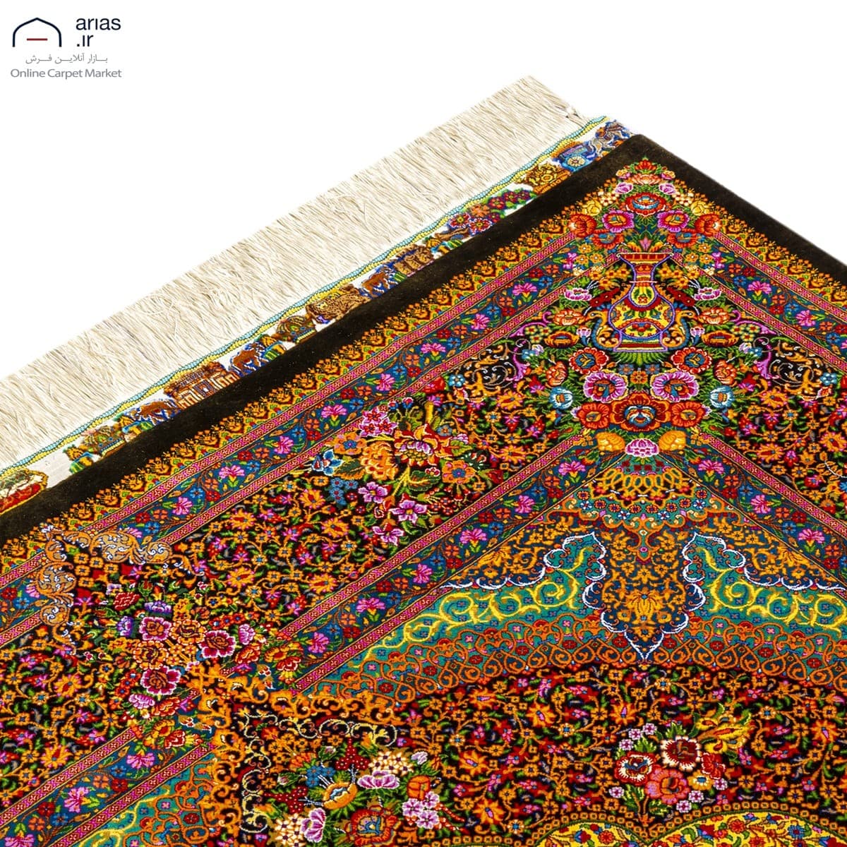 فرش دستباف سه متری تمام ابریشم لچک ترنج زمینه طلایی مارک عربلو بافت قم کد D03024G — تصویر ۶