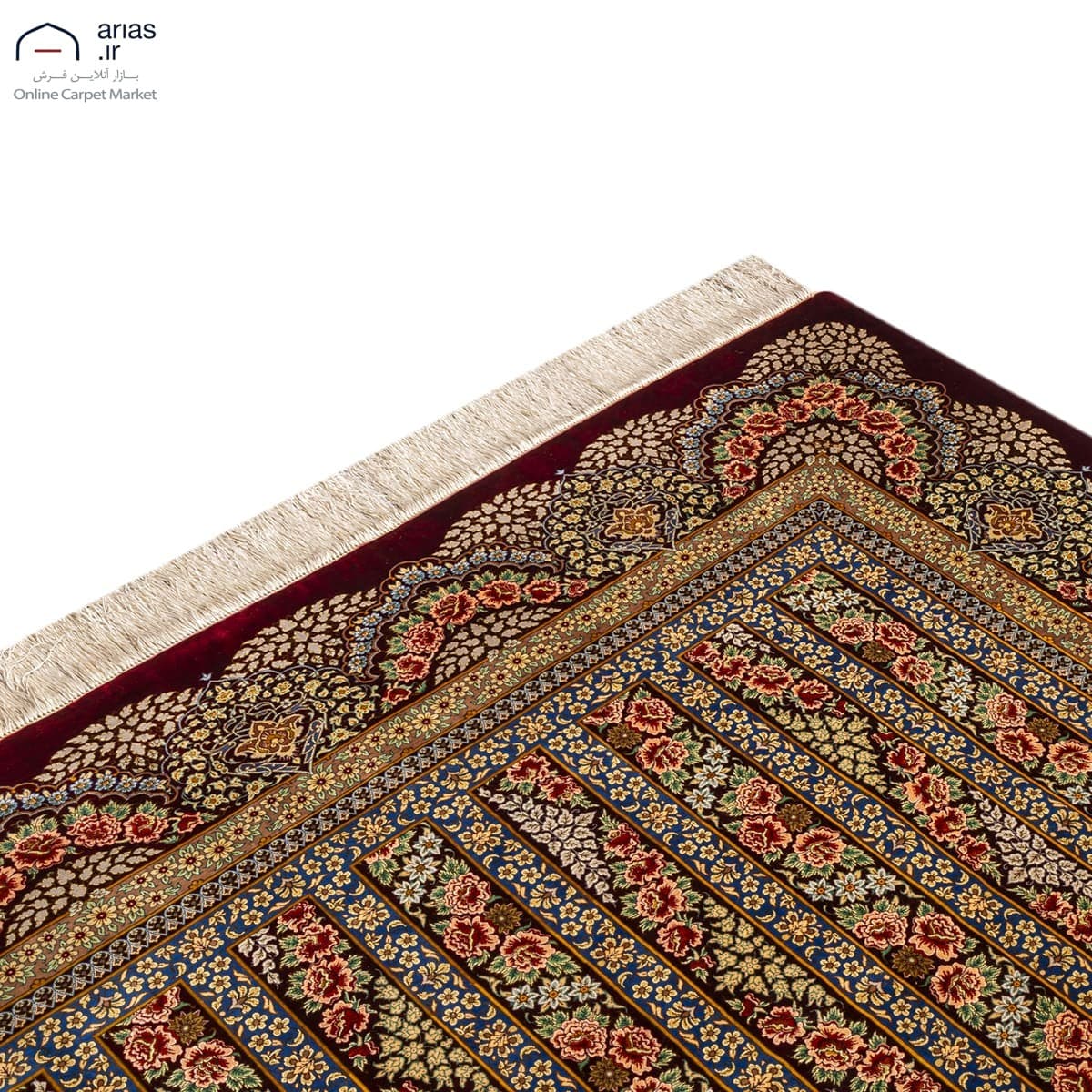 فرش دستباف شش متری تمام ابریشم نقشه محرمات زمینه لاکی مارک میرمهدی بافت قم کد D03019G — تصویر ۶