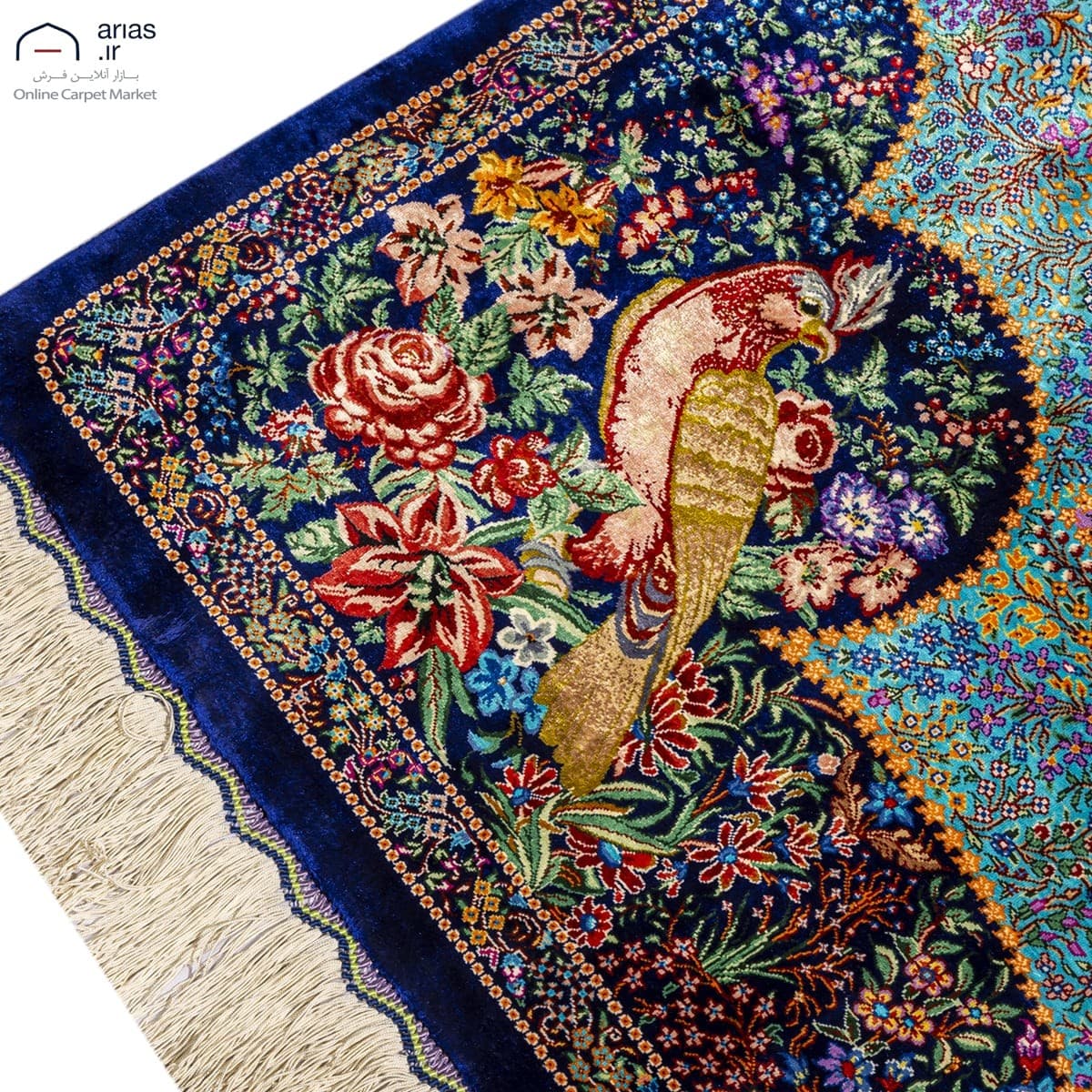 فرش دستباف شش متری تمام ابریشم نقشه شب مهتابی مارک امیر بافت قم کد D03015G — تصویر ۳
