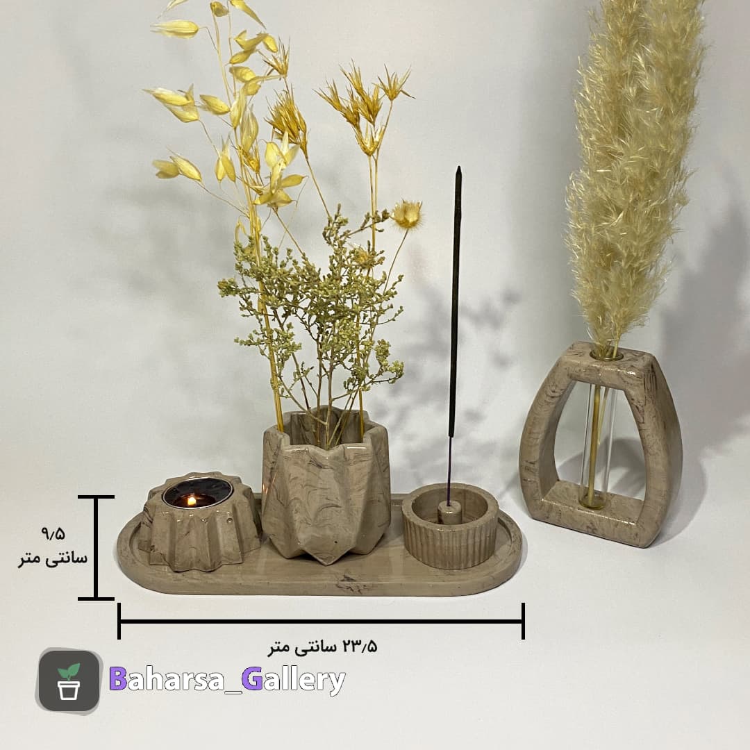 ست تزئینی طرح رگه دار قهوه ای (گلدان، جاشمعی، سینی، گل جای) بهارسا — تصویر ۵