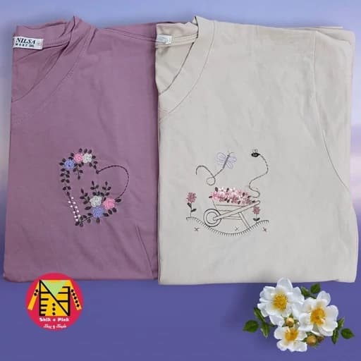 تیشرت نخ پنبه گلدوزی دار یقه هفت طرح کالسکه گل سایز 3XL زنانه (سایز 40 تا 46) — تصویر ۷