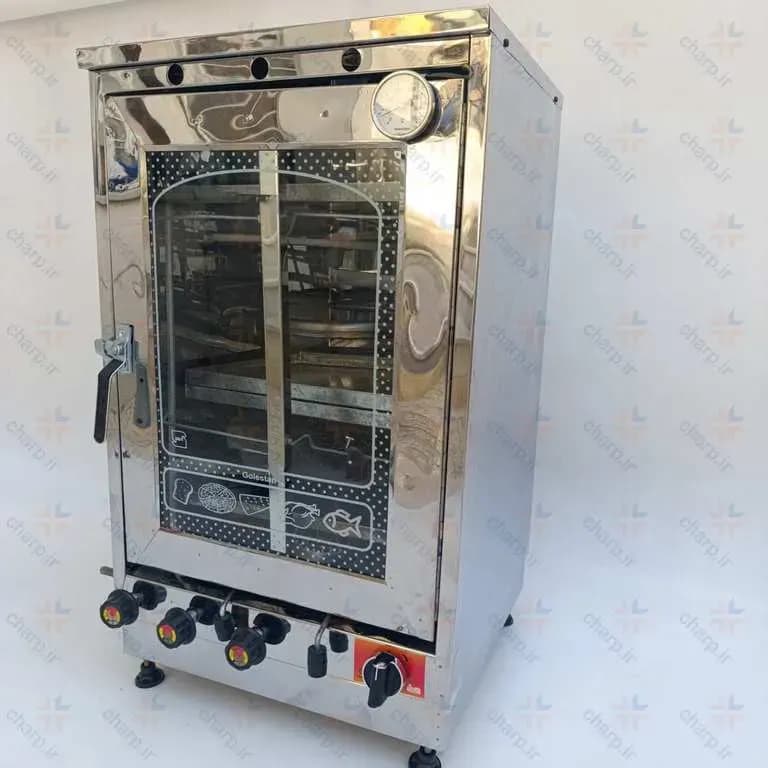 تنورگازی تمام استیل ارتفاع 80 با دوجوجه گردان دماسنج + تایمر دوچدن 4~6سینی کد839 (فیلم دارد) — تصویر ۲