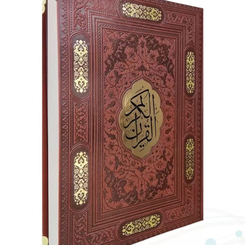 قرآن وزیری تحریر4رنگ چرم گوشه فلزی با پلاک وسط بدون قاب — تصویر ۲