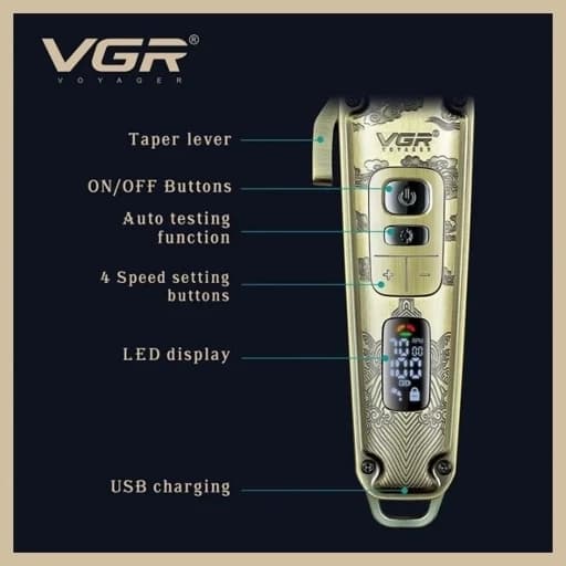 ماشین اصلاح موی سر و صورت وی جی آر مدل V-005 با تیغه کربن استیل و متالوژیک پودری، باتری لیتیومی 2600 میلی آمپر — تصویر ۷