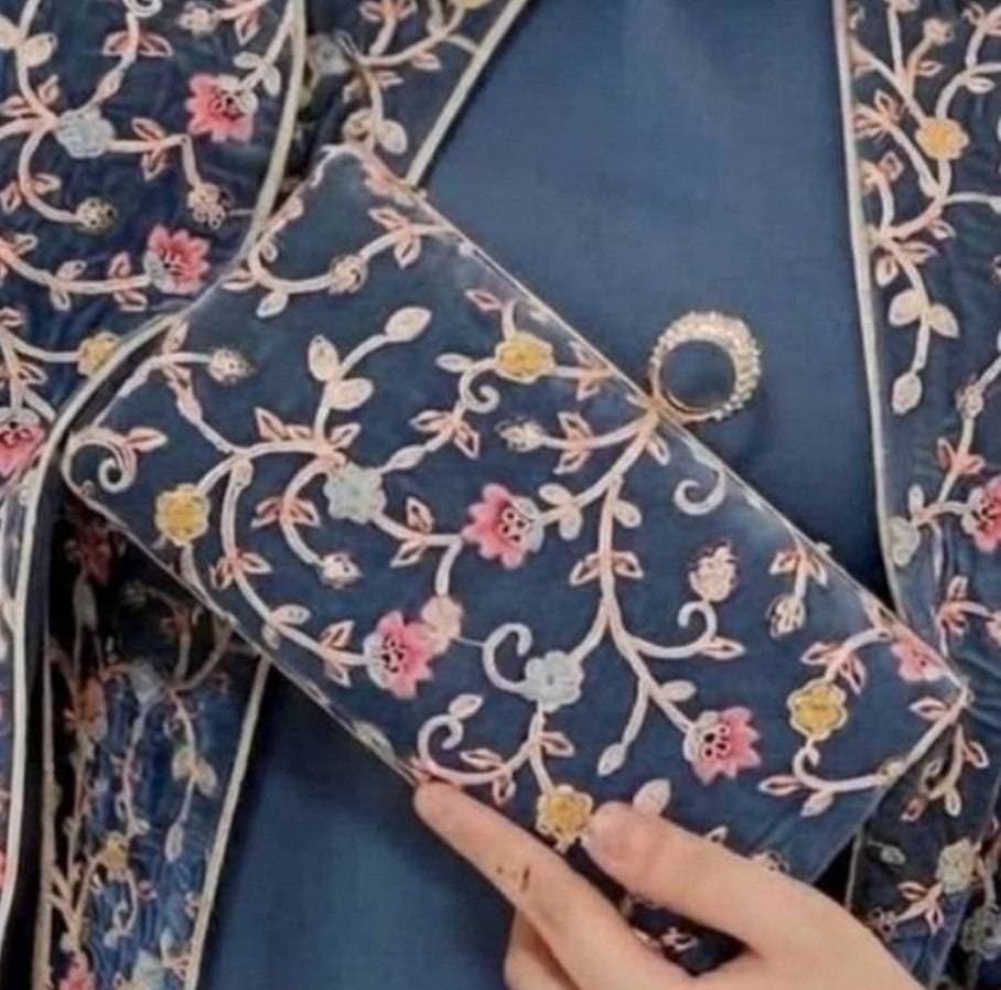 کیف مجلسی زنانه مدل پیچک طلایی آبی دودی